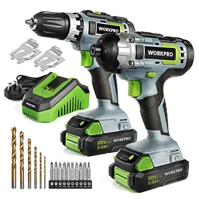 Image of WORKPRO 20V Cordless Compact Drill Driver and Impact Driver, Combi Including 2 x 2.0 Ah Li ion Batteries, 1 Hour Fast Charger, 6 PCS Twist Bits 10PC Screwdriver
