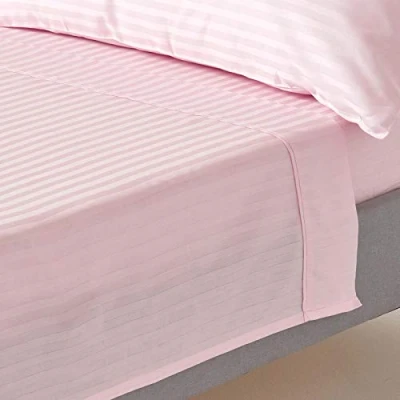 Image of HOMESCAPES Pink Pure Egyptian Cotton Flat Sheet King 330 TC 500 Thread Count Equivalent Satin Stripe Bed