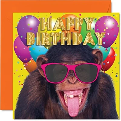 Image of Monkey Birthday Cards for Men Women Party Funny Happy Card Brother Sister Son Daughter Mum Dad Friend Colleague Nan Grandad, 145mm x Humour Joke Bday Greeting