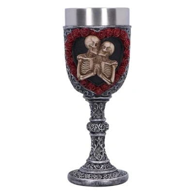 Image of Nemesis Now to Have and Hold Goblet 19.5cm, Silver, Resin, Skeleton Couple Goblet, Heart Shaped Red Roses Design, Stainless Steel Insert, Cast in The Finest Expertly Hand Painted