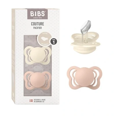 Image of BIBS Couture Soother 2 Pack, BPA Free Dummy Pacifier, Anatomical Nipple. Silicone, Size 1 (0 6 Months), Ivory/Blush