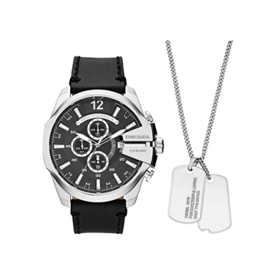 Image of Diesel Watch for Men Mega Chief, Chronograph Movement, 51 mm Silver Stainless Steel Case with a Leather Strap, DZ4559