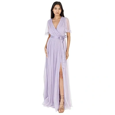 Image of Anaya with Love Ladies Maxi Dress for Women V Neckline Short Sleeve Frilly Long Empire Waist Wedding Guest Bridesmaid Maid of Honour Dusty Lilac Size 12