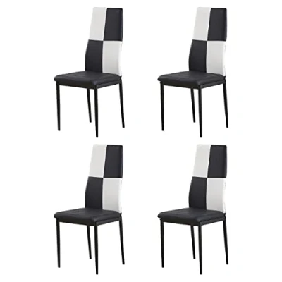 Image of BonChoice Set of 4 Black&amp;White Check Dining Chairs High Back with Metal Legs for Room Kitchen, PU Leather Side Restaurant Office Meeting Home/Commercial