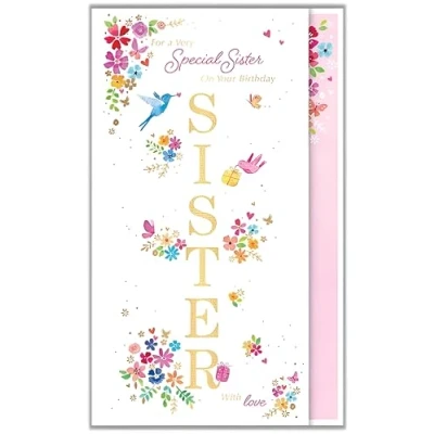 Image of Words and Wishes Tall Birthday Greeting Card Special Sister Gorgeous Floral Design Gold Foil Finish