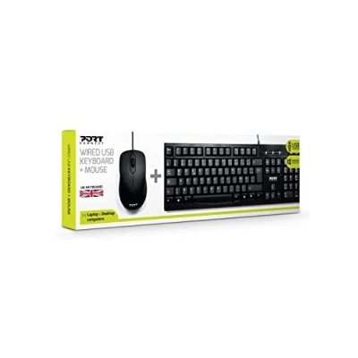 Image of Port Connect Wired Keyboard and Mouse bundle Featuring 104 keys, USB 3 button scroll mouse, 1000 DPI optical sensor. 1.5m Cable length, Plug &amp; Play installation.