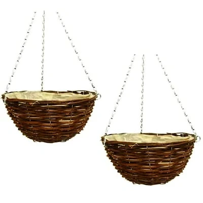 Image of Fyne Finds Set of 2, 36cm 14Inch Dark Brown Wicker Hanging Basket Lined Rattan Willow Planter With Liner Metal Chain