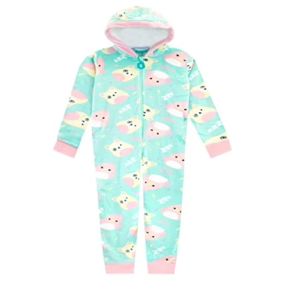 Image of Squishmallows Girls Fleece Onesie Kids Charlie and Trina Hooded Nightwear Turquoise 10 11 Years