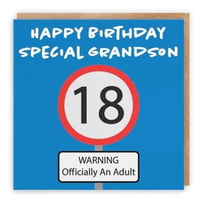 Image of Hunts England Grandson 18th Birthday Card Happy Special Warning Officially An Adult Road Sign Collection Fun Funny