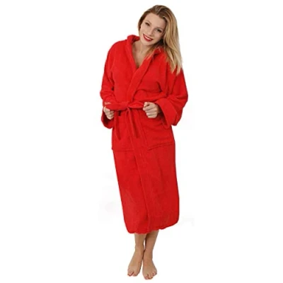 Image of LOVETRENDS Red Ladies &amp; Men&#039;s Terry Towelling Bathrobe 100% Cotton Unisex Dressing Gown Women&#039;s Super Absorbent Hooded Shawl with 2 Pockets (X Large/XX Large)