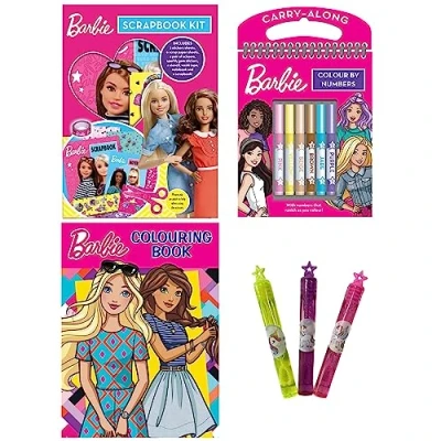 Image of Anila&#039;s Barbie Activity Set with Scrapbook Kit, Carry Along Colour by Numbers, Colouring Book, Unicorn Bubble Tubs &amp; Sticker Book.