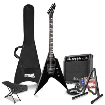 Image of Max GigKit Beiginner Electric V Guitar Package with Amplifier, Stand, Footrest, Tuner, Strap, Bag &amp; Strings Set Black