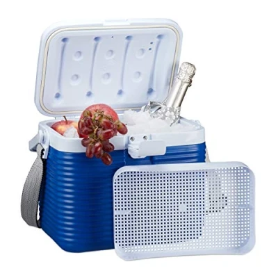 Image of Relaxdays Small Cool Box, with Handle, Carry Strap, Plastic Cooler Bag, Non Electric, 8L, 23.5 x 31 21 cm, White/Blue, 10026583