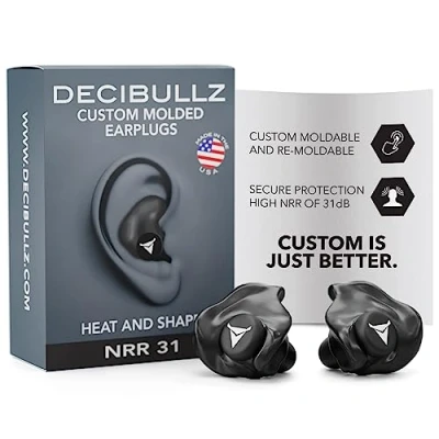 Image of Decibullz Custom Molded Earplugs, 31dB Highest NRR, Comfortable Hearing Protection for Shooting, Travel, Swimming, Work and Concerts (Black PLG1)