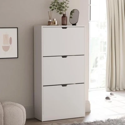 Image of Vida Designs 3 Drawer Shoe Cabinet, Space Saving Storage Cupboard with Flip Drawers, Hallway and Living Room Furniture 100% FSC certified (White)