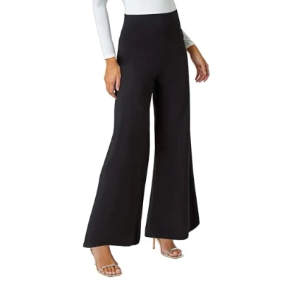 Image of Roman Originals Wide Leg Trousers for Women UK Ladies Palazzo Pants Evening Jersey Elasticated High Waist Smart Flared Culotte Office Work Going Out Loose Crepe Bottoms Black Size 18