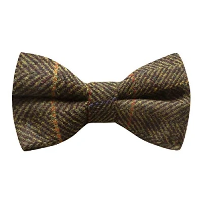 Image of King &amp; Priory Boys Dark Olive Green Herringbone Check Pre Tied Bow Tie, Tweed