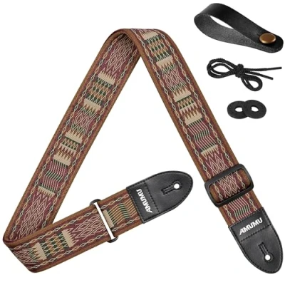 Image of Amumu Vintage Guitar Strap Chevron Net Brown Polyester Woven for Acoustic, Electric, Bass Come with Blocks &amp; Headstock Tie,