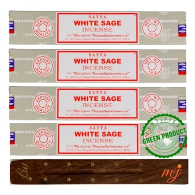 Image of Original Satya Nag Champa White Sage incense sticks with M&amp;J holder x4 pack for Aromatherapy, Spa, Yoga, Weddings, Meditation, Healing, Positivity and Relaxation