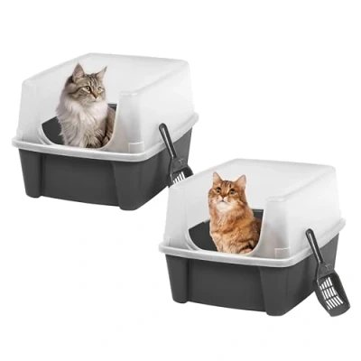 Image of Iris Ohyama Cat Litter Tray with Scoop, Set of 2, Grey, Easy to Clean, Box, Detachable Spill Preventing Walls, For Kittens, Adult Cats, Rabbits, BPA Free, Open Top, Modern, CLH 12