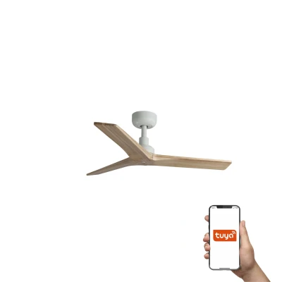 Image of Klim Small 3 Blade Ceiling Fan Matt White, Oak Wood E27 Tuya Smart System