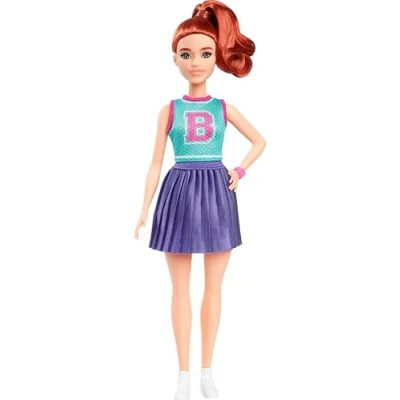 Image of Barbie Fashionistas Doll #232 with Red Hair, Wearing Sporty “B Jersey Top and Pleated Purple Skirt Watch Sneakers, HYT90