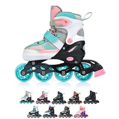 Image of meteor Inline Skates Children&#039;s Kids Inliners Roller Blades ABEC 7 Carbon Adjustable Shoe Size (Light Blue/Pink, S 30 33)