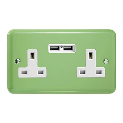 Image of Varilight 2 Gang 13A Unswitched Plug Socket + 5V DC 2100mA USB Charging Ports Beryl Green XY5U2W.BG