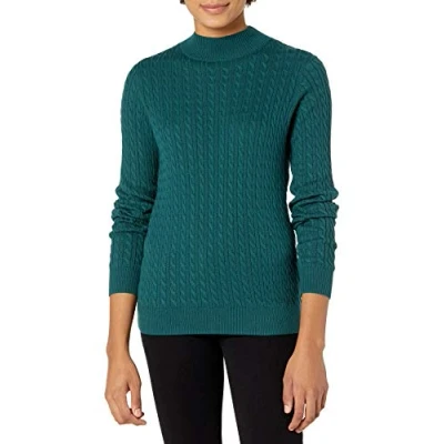 Image of Amazon Essentials Women&#039;s Classic Fit Lightweight Cable Long Sleeve Mock Neck Jumper, Forest Green, L