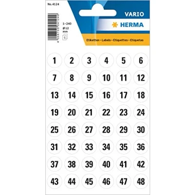 Image of HERMA 4124 Number Stickers Black 1 240 Round, Pack of 240, Diameter 12 mm, Self Adhesive, Large, Matt, Adhesive Numbers Stickers, House Made Paper for Sticking, White