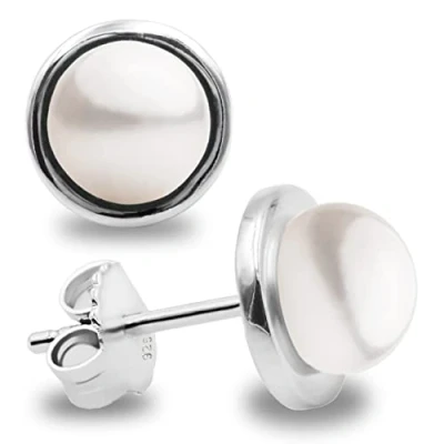Image of Women Pearl Stud Earrings, Fresh Water Cultured Pearls Button Shape 7 8 mm with a Silver Circle Mount by Secret &amp; You Sterling 925 Mounts big nuts.