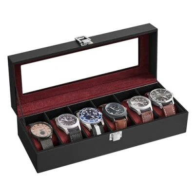 Image of SONGMICS Watch Box with 6 Slots, Case Glass Lid, Display Removable Pillows, Metal Clasp, Gift Idea, Black Synthetic Leather, Wine Red Lining JWB006R01