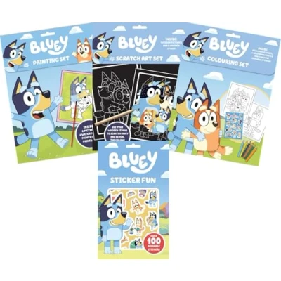Image of Anila&#039;s Bluey Activity Set with Colouring Set, Painting Sticker Book &amp; Scratch Art.