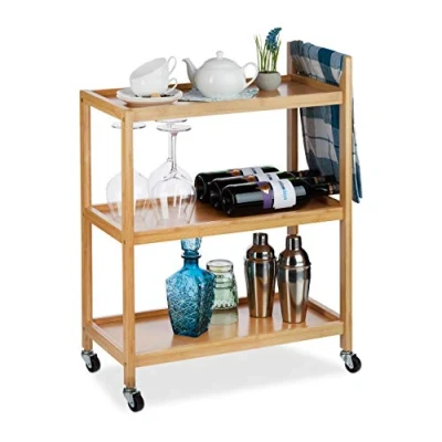 Image of Relaxdays 10024182 Servierwagen Bambus, 3 Ablagen, natürliche Optik, 360 drehbare Rollen, Rollwagen, HxBxT: 76x58x30 cm, Natur Serving Trolley, Tiers, Look, Casters, Bamboo, HxWxD
