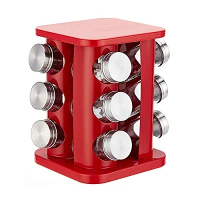 Image of Stainless Steel Revolving 12 Jar Countertop Spice Rack Organizer, Square Seasoning Storage Organization Tower for Kitchen (Red)