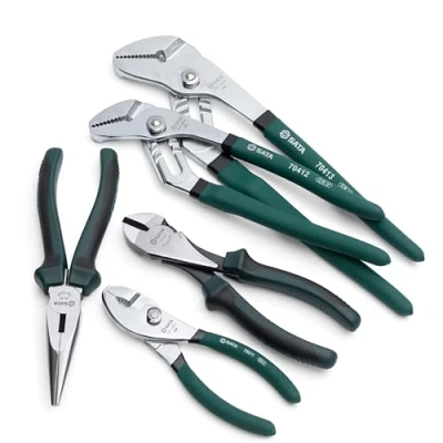 Image of SATA ST70001U 5 Piece Plier Set with 10 Inch and 12 Tongue Groove Pliers, 8 Long Nose 7 Diagonal Cutting Pliers 6 Slip Joint Green
