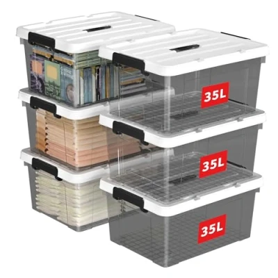 Image of Cetomo 35L*6 Storage Boxes, Carry Plastic Box with Lids, Organizing Container Handle and Secure Latching Buckles, Stackable, Nestable, Tote Bin for Home Clothes, 35L 6Pack, Clear Black