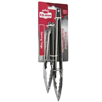 Image of Dura Kitchen Accessories 2 x Stainless Steel Salad Tongs BBQ Cooking Food Serving Utensil