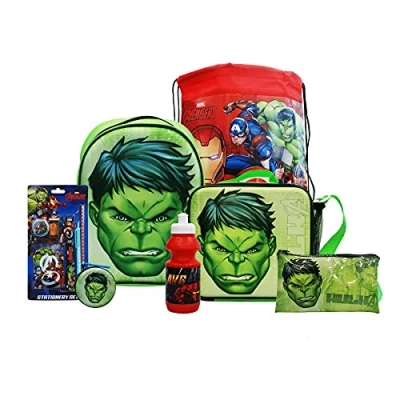 Image of simpahome Hulk 7PC Back to School Bundle inc 3D Backpack, Drawstring Sports Bag, Insulated Lunch Water Bottle, Coin Pouch, Pencil Case &amp; Stationery Set.