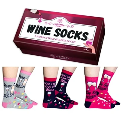 Image of Cockney Spaniel 3 Pairs of Women&#039;s Novelty Crew Socks, Size: UK 4 8 (EUR 37 42), Fun and Quirky Gift for Women (UK, Alpha, One Size, Regular, Wine Socks)