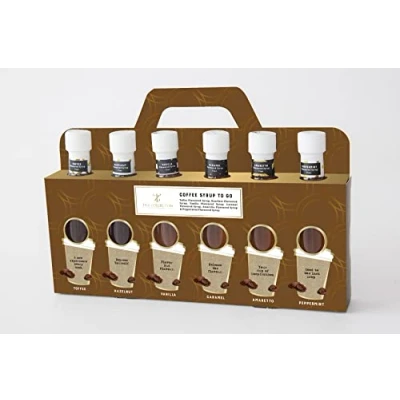 Image of Coffee Syrup Set 6 Pack Syrups For Drinks, Flavoured Gift Set, Vanilla, Caramel, Toffee, Hazelnut, Amaretto, And Peppermint, Hot Chocolate Syrup,
