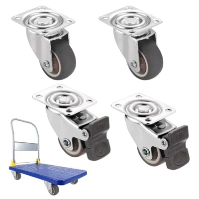 Image of Set of 4 Swivel Castors with Brake, Lightweight Furniture Castors, Heavy Duty Transport Rotating for Trolleys and Furniture, Can Carry 50 kg