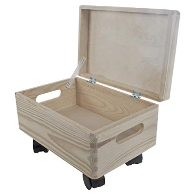 Image of Small Underbed Wooden Storage Box 30 x 20 19 cm Hinged Lid, Cut out Handles &amp; Wheels Memory Keepsake Chest Unpainted Plain Pine to Decorate Craft