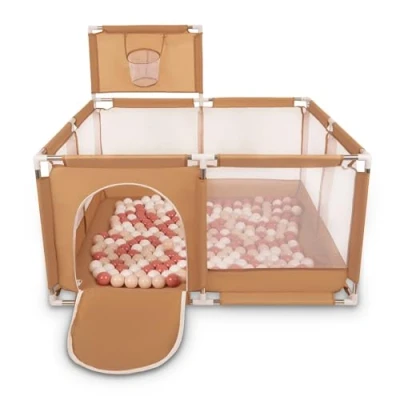 Image of Selonis Square Play Pen Filed with 100 Balls Basketball, Beige:Pastel Beige/Salmon Pink/White