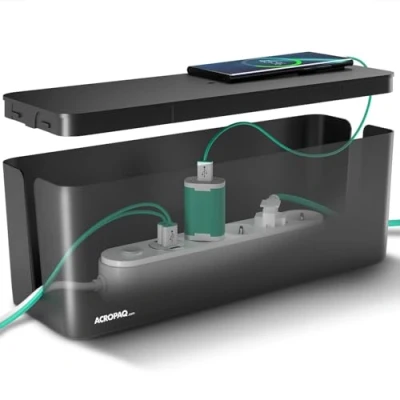 Image of ACROPAQ Cable tidy box Keep your tidy, Large (41 x 13 16 cm), Waterproof, Non slip management box, Extension lead cover Black/Large
