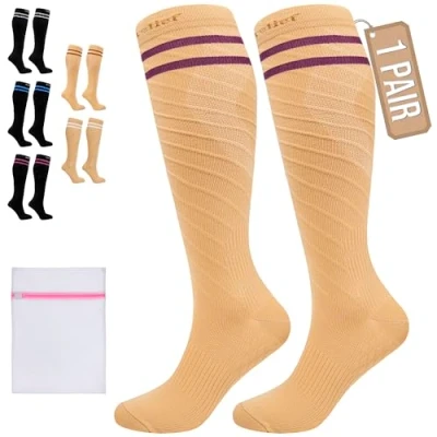 Image of 360 RELIEF Compression Socks for Women Men, 15 20 mmHg Supports Blood Circulation, Travel Flight Socks, Varicose Veins, Pregnancy Stockings L/XL, Beige with 2 Plum Purple lines + Laundry Bag