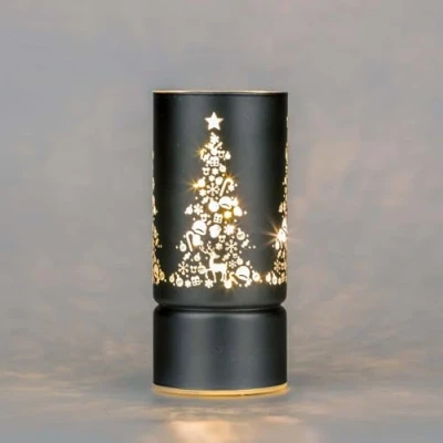 Image of SHATCHI 17cm Christmas Decorated Vase Table Lamp Etched Glass Tube Xmas Grey Cylinder LED Fairy Lights Battery Operated Decoration