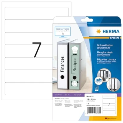 Image of HERMA Self Adhesive Spine Labels, 7 Labels per A4 Sheet, 25 Sheets, 192 x 38 mm, 175 Blank Lever Arch File Folder Stickers, Sticky for Laser &amp; Inkjet Printer, White