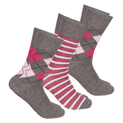 Image of Metzuyan Ladies Diabetic Socks Non Elastic Loose Top Cotton Rich Grey Argyle 4 8