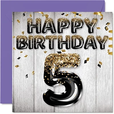 Image of 5th Birthday Card for Boys Black &amp; Gold Glitter Balloons Happy Cards 5 Year Old Boy Son Brother Grandson Cousin, 145mm x Five Fifth Bday Greeting Gift